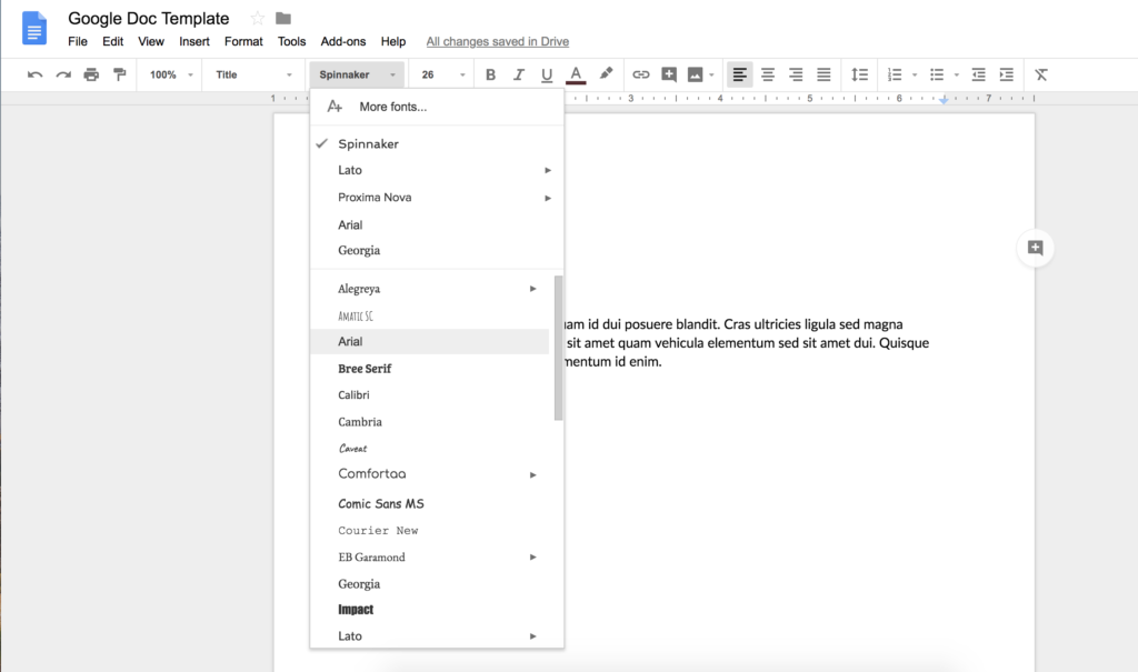 Showing the font option list in google Docs