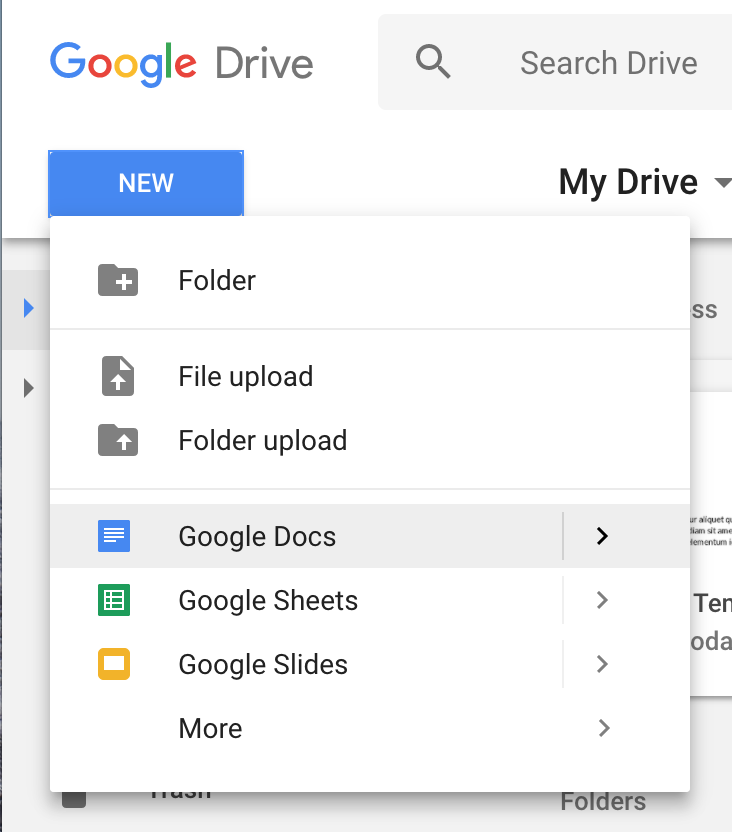 Menu showing where to find options to create a new Google Doc